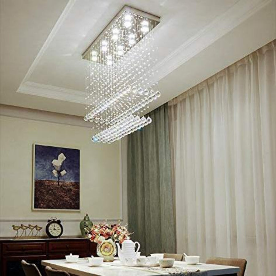 Contemporary Rectangular Ceiling Light - Double Layer Crystal Chandelier