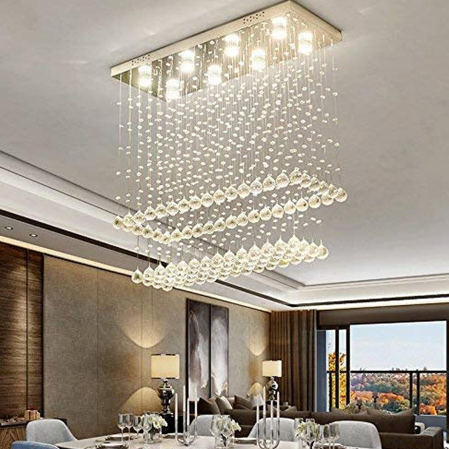 Contemporary Rectangular Ceiling Light - Double Layer Crystal Chandelier